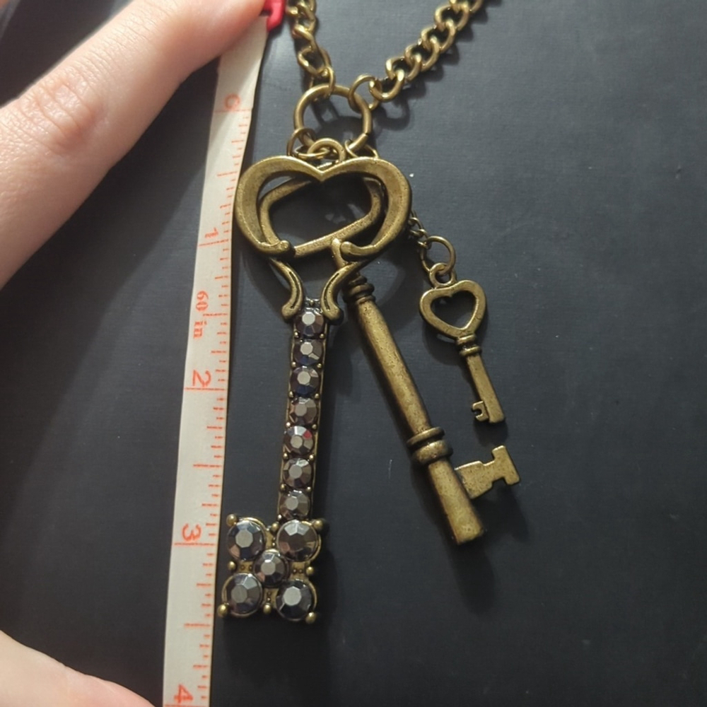 Brass Tone Black Rhinestone Skeleton Key Pendant Statement Necklace - Picture 3 of 3